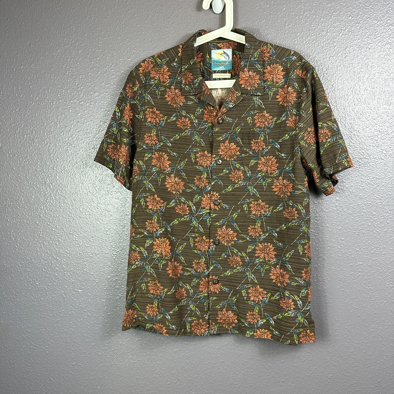 Tommy Bahama Shirt Men's Medium Brown Floral Silk Blend Island Modern Fit Button